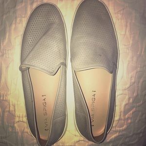 VIA SPIGA Grey Perforated Leather Slip Ons.